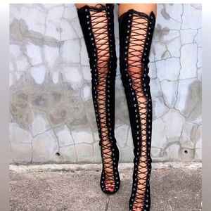 Women’s over the knee boots black suede front lace up size 10